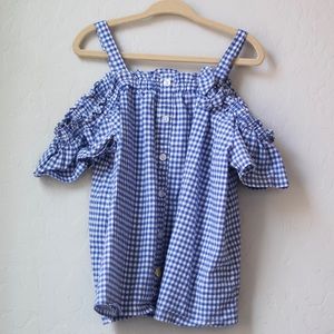 Flapdoodles blue gingham off the shoulder S6x